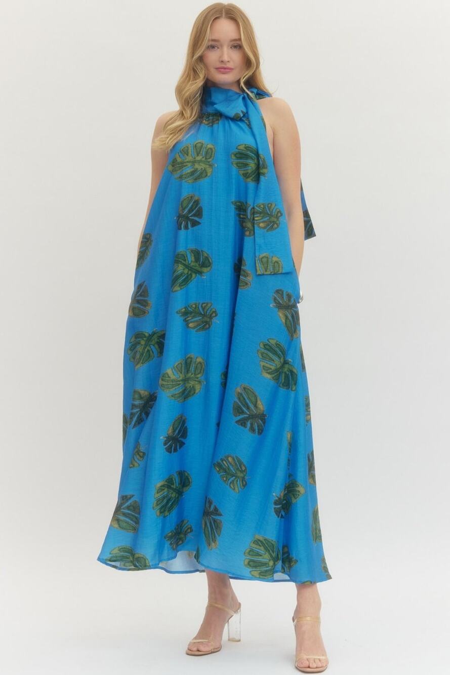 Entro NWT Leaf Print Halter Maxi Dress Teal TENCEL Linen Blend Pockets Sz L